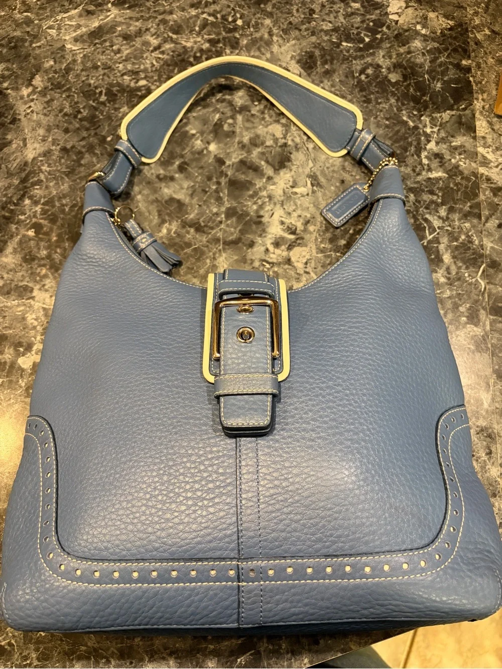 Coach Powder Blue Pebbled Leather Hobo Shoulder Bag